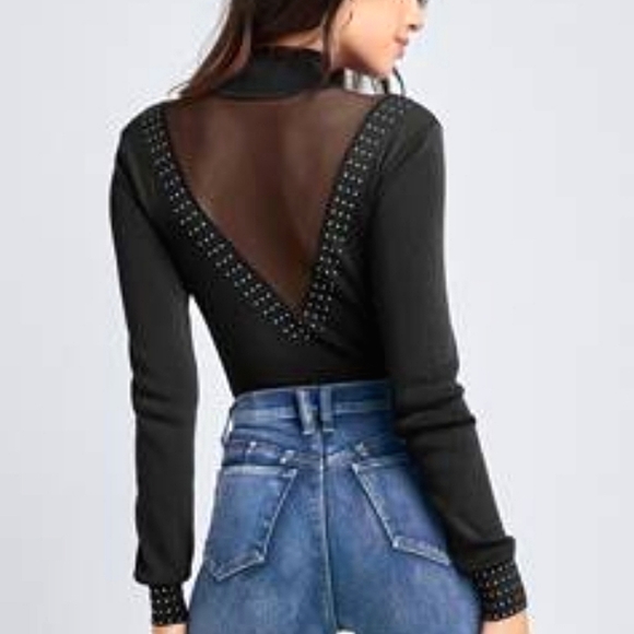 VENUS Sweaters - Venus black knit sweater mesh insert mock neck studded trim back plunge sm NWT